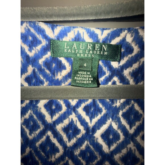 Lauren Ralph Lauren Dress Womens 4 Blue Ikat Geometric Sheath Ruched Sleeveless - Picture 2 of 9